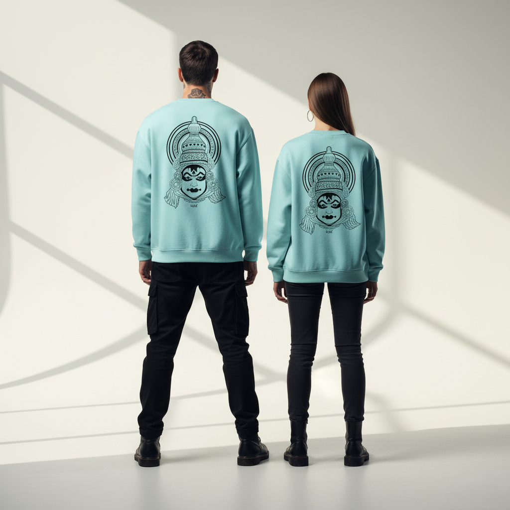 “the divine mask” – kathakali line art sweatshirt lavender “the divine mask” – kathakali line art sweatshirt lavender
