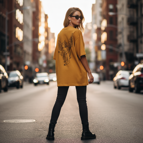 angel wing graphic oversized classic t shirt mustard yellow