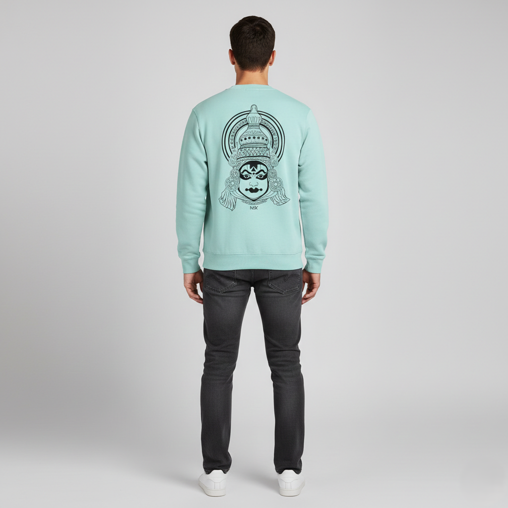 “the divine mask” – kathakali line art sweatshirt lavender “the divine mask” – kathakali line art sweatshirt lavender