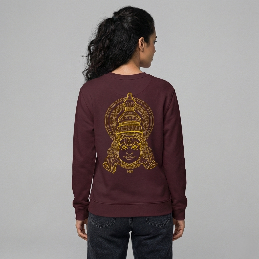 “the divine mask” – kathakali line art sweatshirt maroon “the divine mask” – kathakali line art sweatshirt maroon