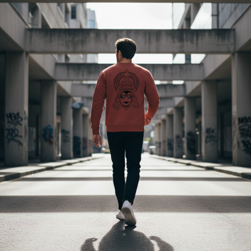 “the divine mask” – kathakali line art sweatshirt coral