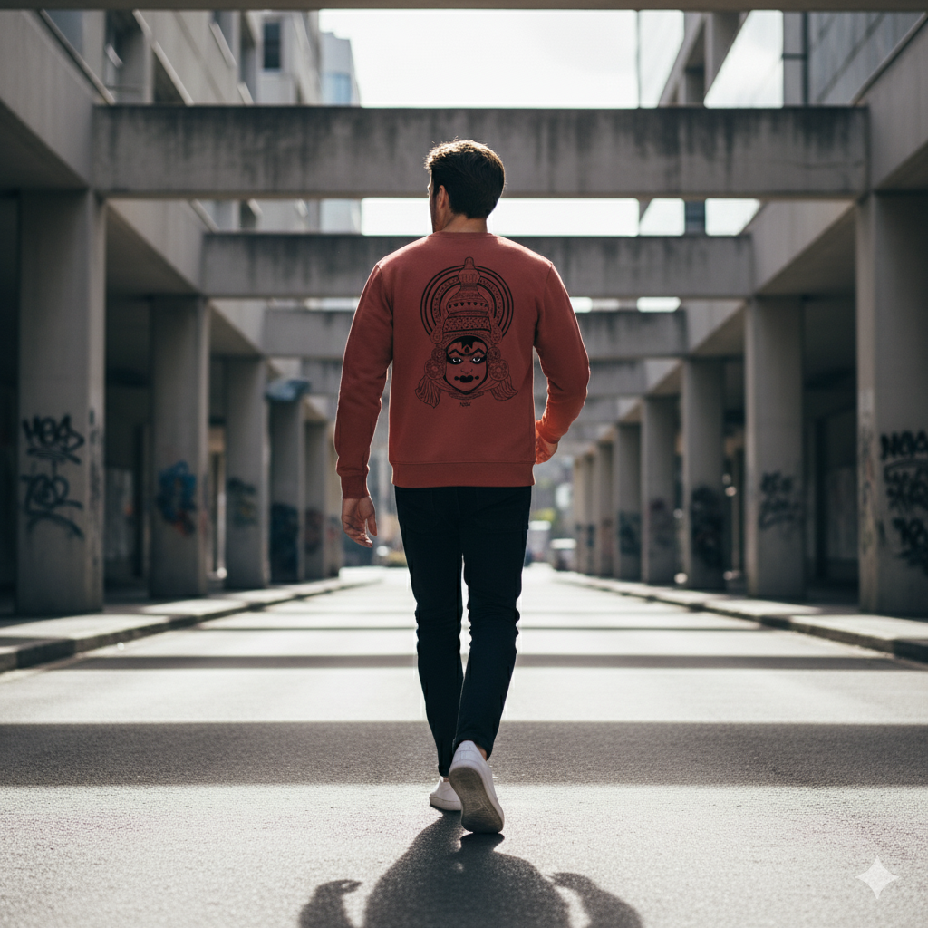 “the divine mask” – kathakali line art sweatshirt maroon “the divine mask” – kathakali line art sweatshirt maroon