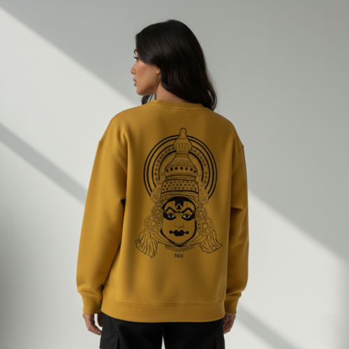 “the divine mask” – kathakali line art sweatshirt coral