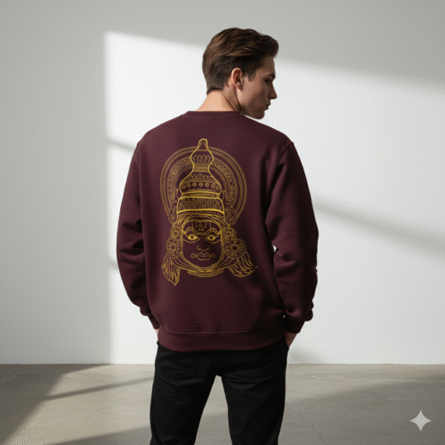 Home “the divine mask” – kathakali line art sweatshirt maroon