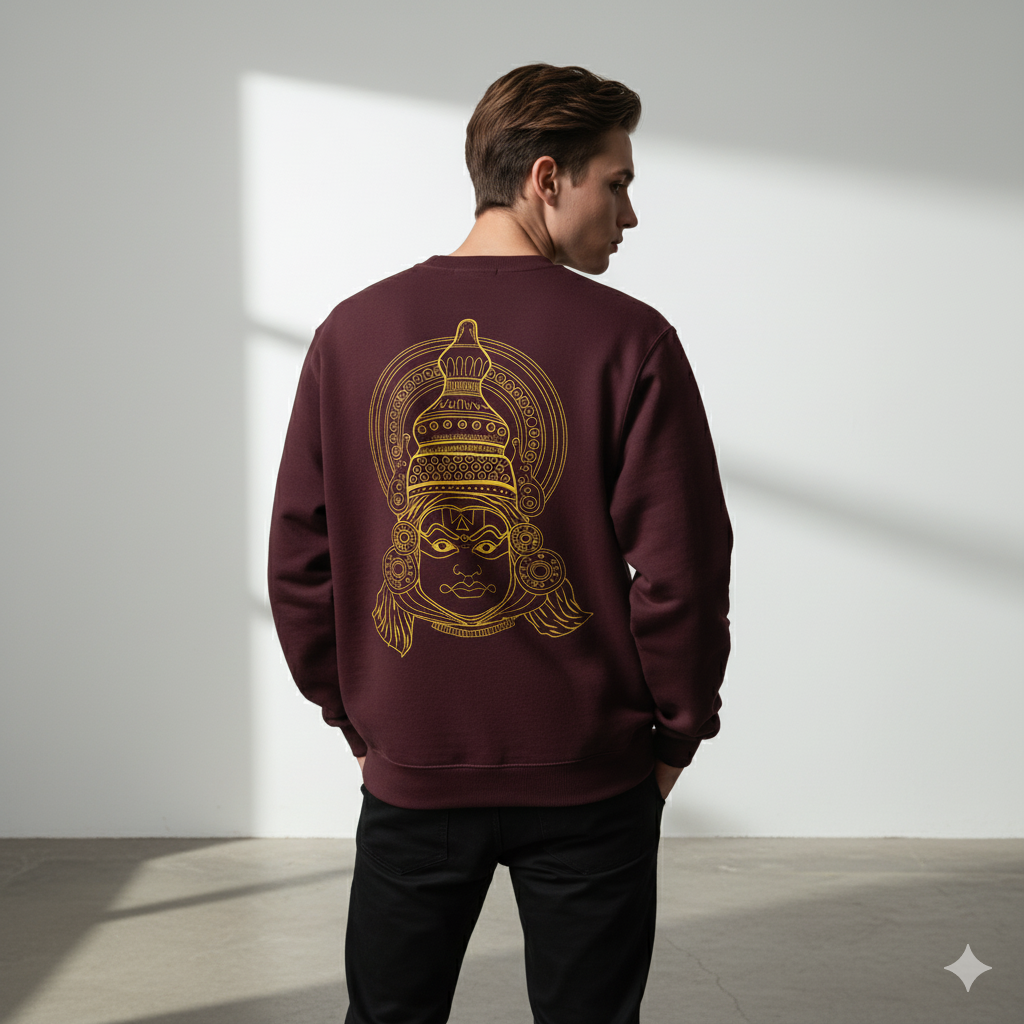 “the divine mask” – kathakali line art sweatshirt maroon “the divine mask” – kathakali line art sweatshirt maroon
