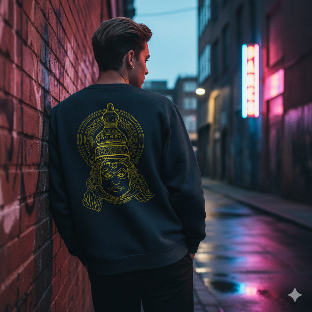 “the divine mask” – kathakali line art sweatshirt maroon “the divine mask” – kathakali line art sweatshirt maroon