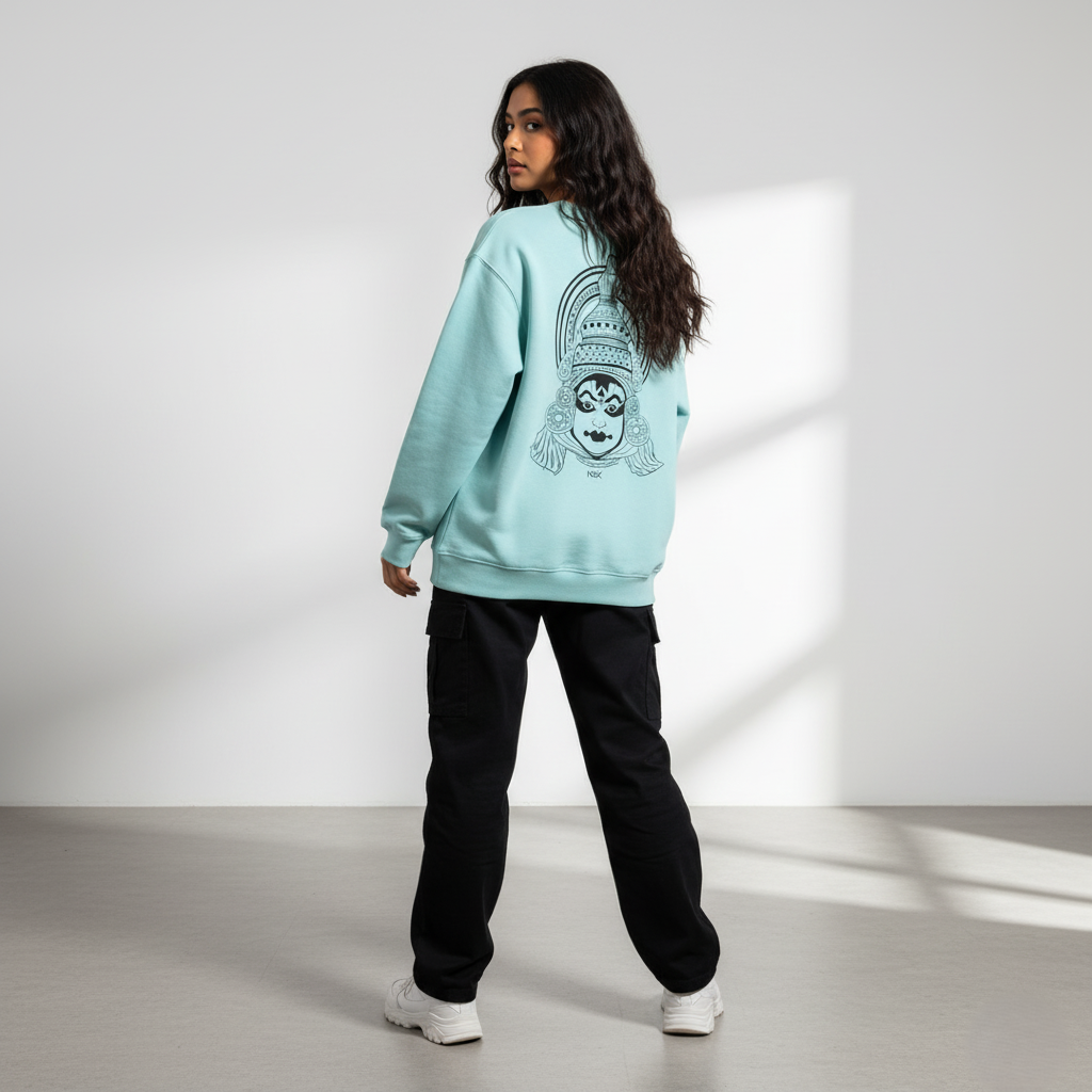 “the divine mask” – kathakali line art sweatshirt coral “the divine mask” – kathakali line art sweatshirt coral